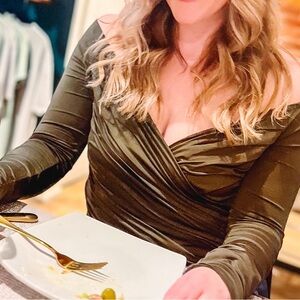 Express Olive Ruched Off-Shoulder Blouse